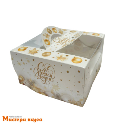 Упаковка для бенто-торта с окном и ручками, 140*140*80 мм  НГ (Новогодние мечты)