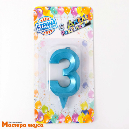 Свеча-цифра "Грань", голубой металлик - 3  (h-6,5см)