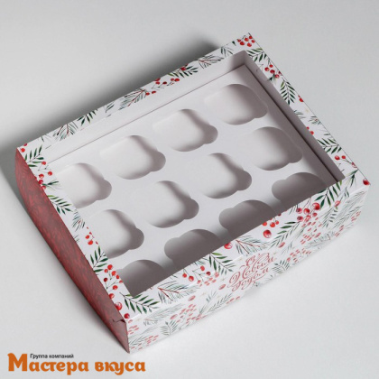 Коробка для 12 капкейков с окном, 250*330*100 мм (С Новым годом Ягодки)