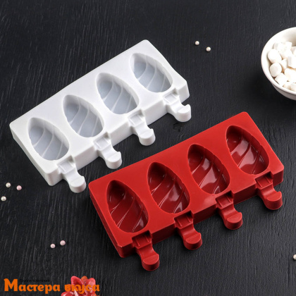 Форма для мороженого силиконовая (эскимо) КЛУБНИКА СО СЛИВКАМИ, (4 ячейки) 3,5*6,8 см