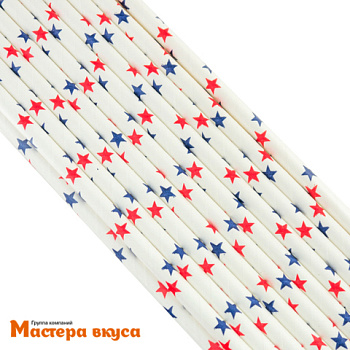 Трубочки бумажные, 20 см (упак 20 шт)  белые "Синие и красные звёзды"