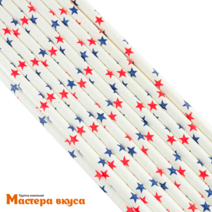 Трубочки бумажные, 20 см (упак 20 шт)  белые "Синие и красные звёзды"