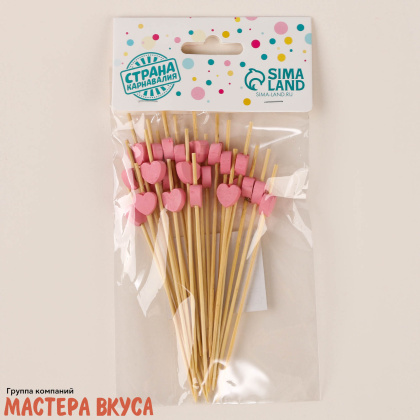 Шпажки "Сердечки розовые", дерево, 12 см (набор 24 шт)