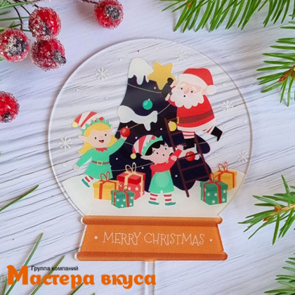 Топпер акриловый  С Новым годом (MERRY CHRITMAS), Санта с эльфами, ~8*16 см