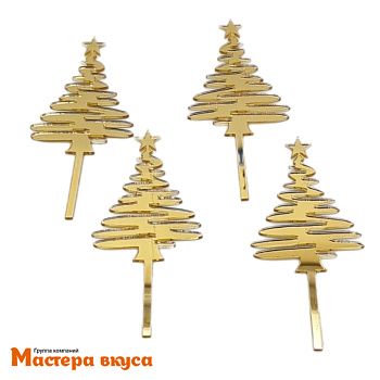 Зеркальное украшение  мини  ЕЛКА, золото, (набор 4 шт) ~6,5*4,4 см (с палочкой)
