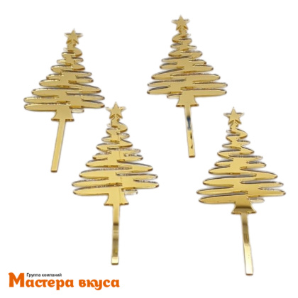 Зеркальное украшение  мини  ЕЛКА, золото, (набор 4 шт) ~6,5*4,4 см (с палочкой)