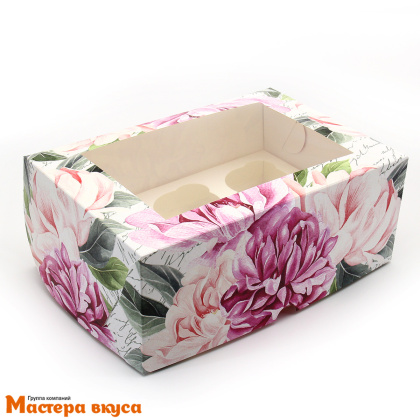 Коробка для  6 капкейков с окном, 250*170*100 мм (Букет, пионы)