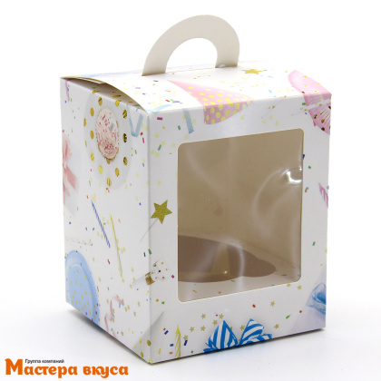 Коробка для  1 капкейка и кулича с окном и ручкой, 92*92*111 мм,  (Праздник)