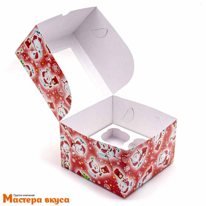 Коробка для  4 капкейков с окном, 160*160*100 мм  (Новогодняя почта)