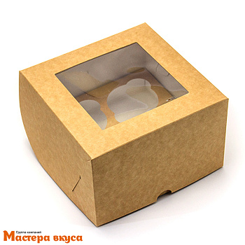 Коробка для  4 капкейков с окном, 160*160*100 мм, (крафт)