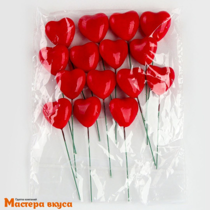 Набор топперов СЕРДЦА, красные, пластик (набор 15 шт) ~3*2*8,5 см