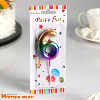 Свеча-цифра "Акварель", разноцветная - 6  (h-5,5см)