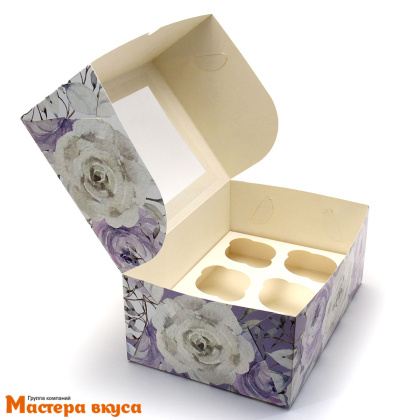Коробка для  6 капкейков с окном, 250*170*100 мм (Пионы)