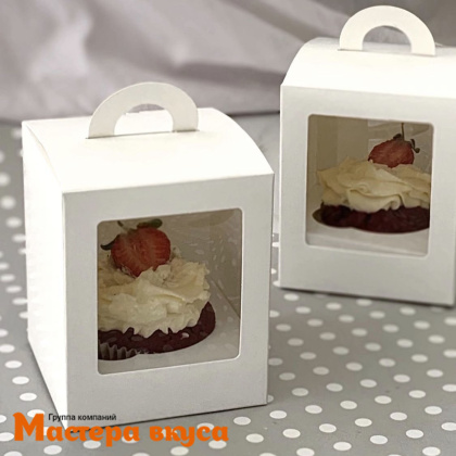 Коробка для  1 капкейка и кулича с окном и ручкой, 92*92*111 мм, (белая) 