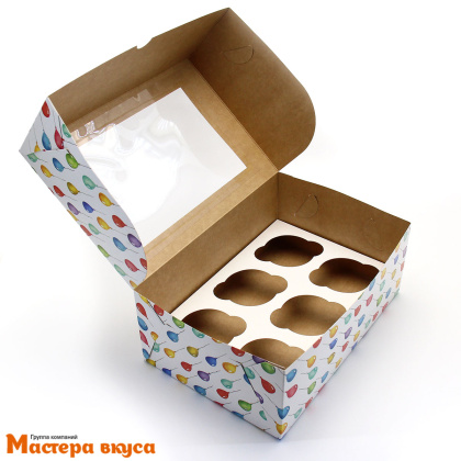 Коробка для  6 капкейков с окном, 250*170*100 мм (Шарики)