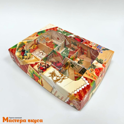 Упаковка для конфет  6 шт с окном (крышка/дно) 155*115*30мм (Новогодние открытки) (4-д)