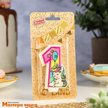 Свеча-цифра  ЕДИНОРОГ розовая - 1  (h-6,5 см)