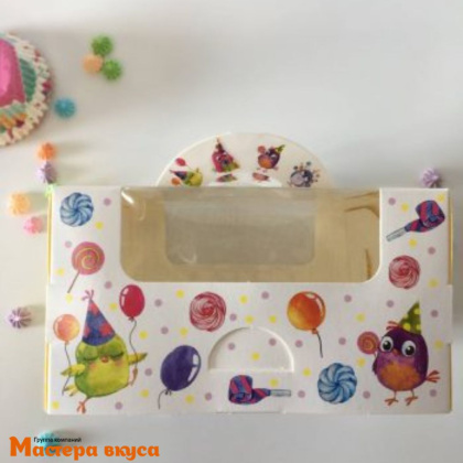 Упаковка для бенто-торта с окном и ручками, 140*140*80 мм (Это вам! Мой птенчик)