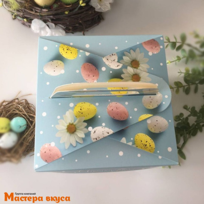 Коробка под кулич и пряничный домик с окном и ручкой, 15*15*18 см (Светлая пасха! небесная гол.)