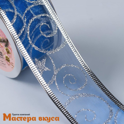 Лента капроновая армированная метал.нитью, СЕРЕБРЯНЫЕ ВЕНЗЕЛЯ на синем, 38мм, ~2,7м