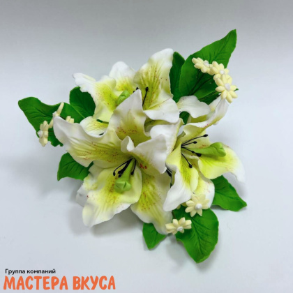 Сахарное украшение букет ЛИЛИЯ БЕЛАЯ С ЗЕЛЁНЫМ ПРОКРАСОМ, длина ~20см