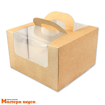 Упаковка для бенто-торта с окном и ручками, 140*140*80 мм (крафт)