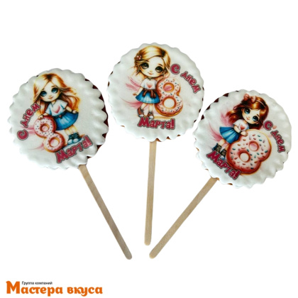Топпер имбирный пряник "8 марта Девочка с пончиком", d~8 см, 23-25 гр 