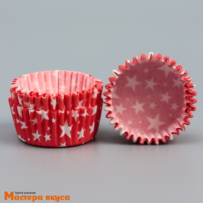 Капсула бумажная для конфет, d-3,5см  h-2см,  ЗВЁЗДЫ БЕЛЫЕ НА КРАСНОМ (миниупак ~20-25 шт)