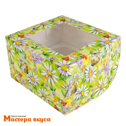 Коробка для  4 капкейков с окном, 160*160*100 мм (Акварельные ромашки)