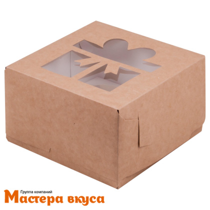 Коробка для  4 капкейков с окном ПОДАРОК, 160*160*100 мм (крафт) (2-д)