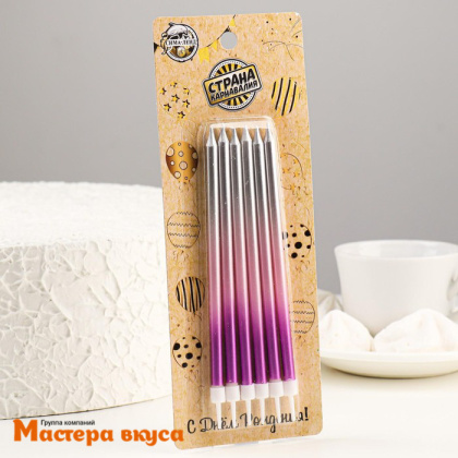 Свечи высокие Градиент "Ройс" фиолетовый-розовый-серебро, (набор 6 шт), h-13см