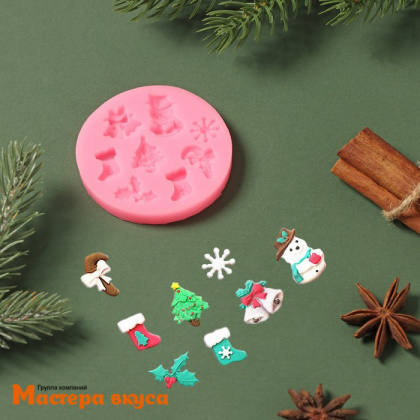 Молд силиконовый НОВОГОДНЯЯ АТРИБУТИКА 8в1, ~6,5*6,5 см