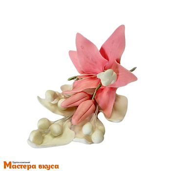 Сахарное украшение ветка ЛИЛИЯ РОЗОВАЯ С БЕЛЫМ ЛИСТОМ, длина ~9см