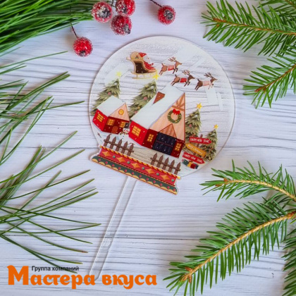 Топпер акриловый  С Новым годом (MERRY CHRITMAS), Санта над городом, ~9*15,5 см