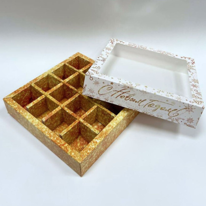 Упаковка для конфет 16 шт с обечайкой с окном 177*177*38мм   (Золотая)