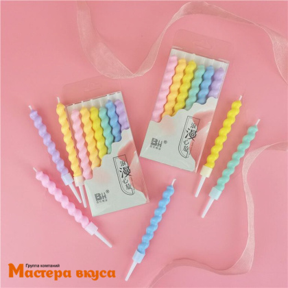 Свечи средние, Спираль ПАСТЕЛЬНЫЕ, (набор 6 шт), h-10 см