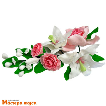 Сахарное украшение букет ЛИЛИЯ С РОЗОВОЙ РОЗОЙ, длина ~20см