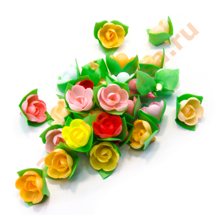 Вафельные цветы РОЗЫ на трилистнике, d~3 см, (упак 5 шт микс)