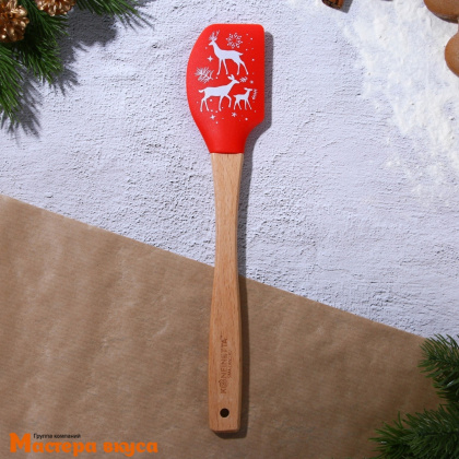 Лопатка силиконовая с деревянной ручкой 26 см, "Олени"