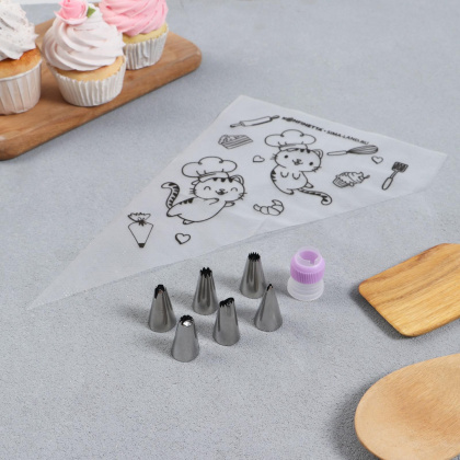 Набор кондитерский, (6 мешков 30см + 6 насадок + адаптер) "Котики"