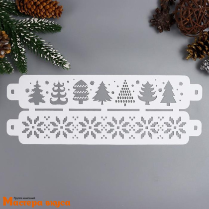 Трафарет бордюрный для нанесения рисунка ЕЛКИ И СНЕЖИНКИ, 32*11 см