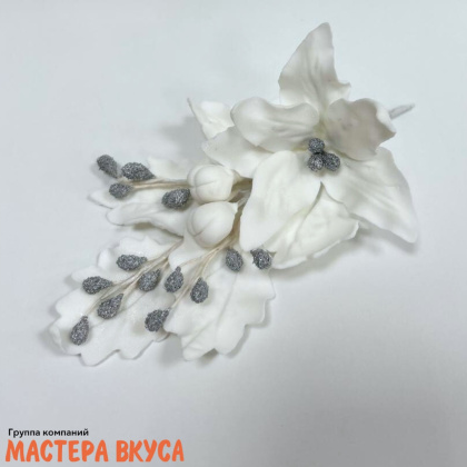 Сахарное украшение ветка ЛИЛИЯ БЕЛАЯ С СЕРЕБРОМ, длина ~10см