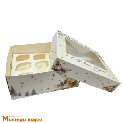 Коробка для  9 капкейков с окном, 250*250*100 мм крышка/дно  (Снежный праздник)