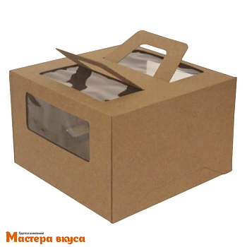 Короб для торта с окном и ручками 300*300*190 мм, бурый (крафт), АП