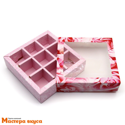 Упаковка для конфет  9 шт с обечайкой 137*137*37мм (Розовые пионы)