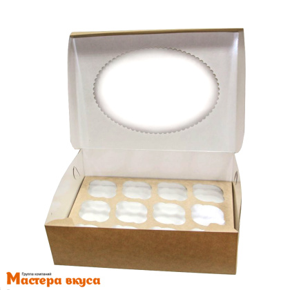 Коробка для 12 капкейков с окном, 350*250*100 мм  (крафт), АП