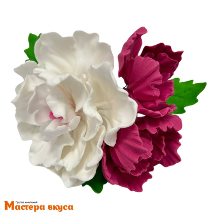 Сахарное украшение букет ПИОН БЕЛЫЙ И РОЗОВЫЕ БУТОНЫ, длина ~12,5см