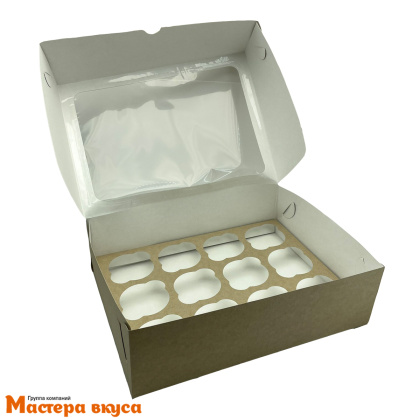 Коробка для 12 капкейков с окном, 350*250*100 мм (крафт), СТАНДАРТ