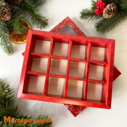 Упаковка для конфет 12 шт с окном (крышка/дно) 190*150*36мм  (Снежинки)