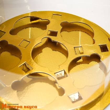 Коробка для  6 капкейков  ТУБУС, золотая d-240 мм, h-100 мм, с прозрачной пленкой и ложементом (5-д)